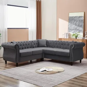 83.5" L Shaped Sofa Couch,Velvet Sectional Chesterfield Sofa,Button Tufted 5 Seat Corner Sofa,Mid Century Modern Couch with Rolled Arms&Nailhead for Livingroom,Bedroom,Apartment,Office(Grey)