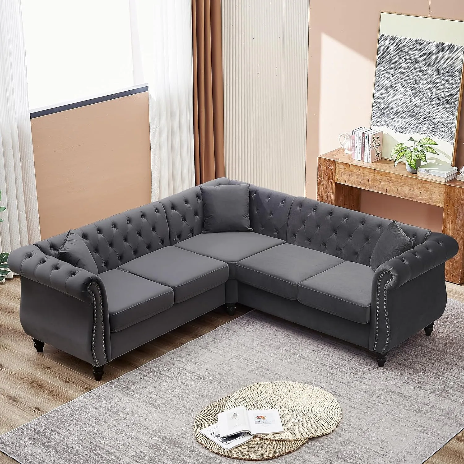 83.5" L Shaped Sofa Couch,Velvet Sectional Chesterfield Sofa,Button Tufted 5 Seat Corner Sofa,Mid Century Modern Couch with Rolled Arms&Nailhead for Livingroom,Bedroom,Apartment,Office(Grey)