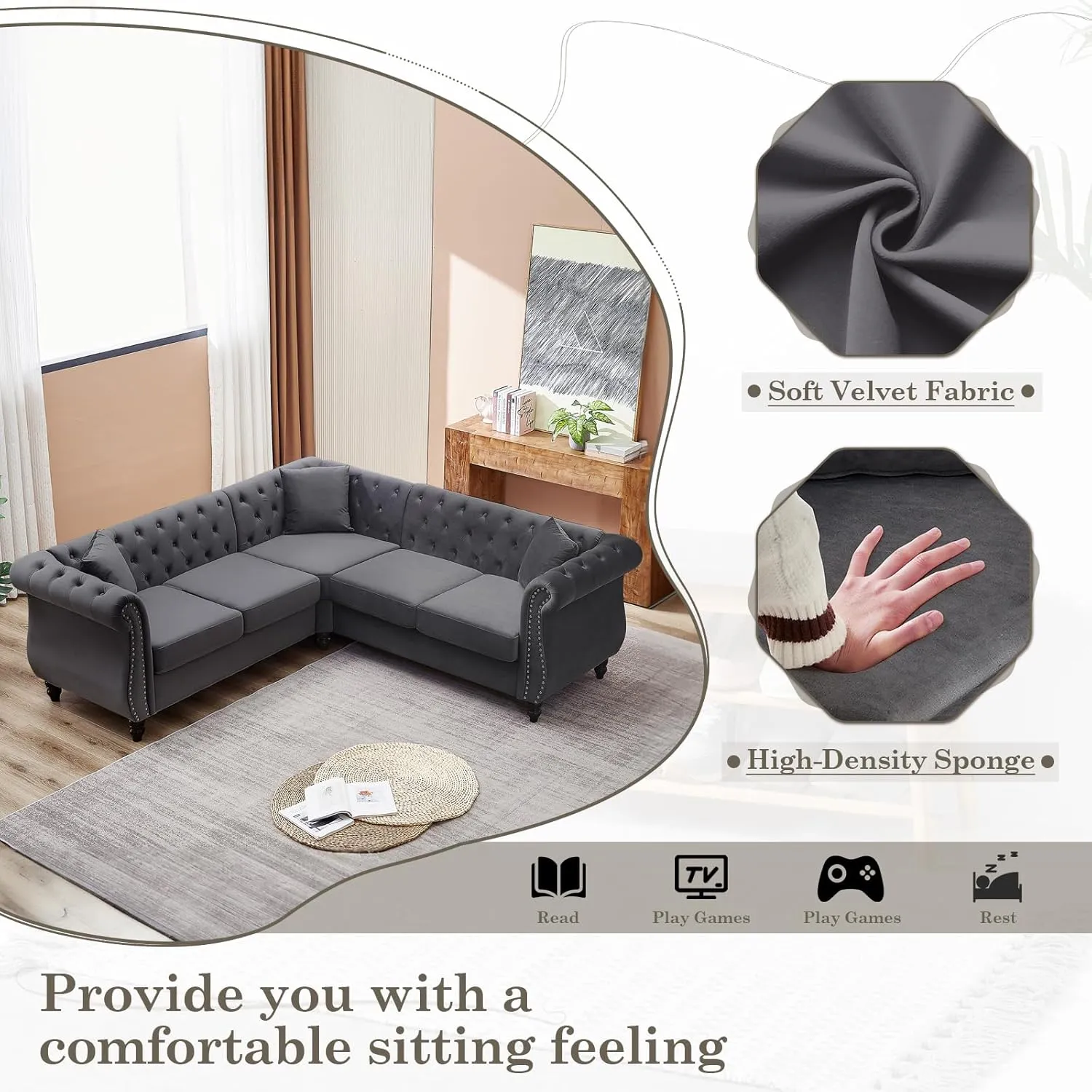 83.5" L Shaped Sofa Couch,Velvet Sectional Chesterfield Sofa,Button Tufted 5 Seat Corner Sofa,Mid Century Modern Couch with Rolled Arms&Nailhead for Livingroom,Bedroom,Apartment,Office(Grey)