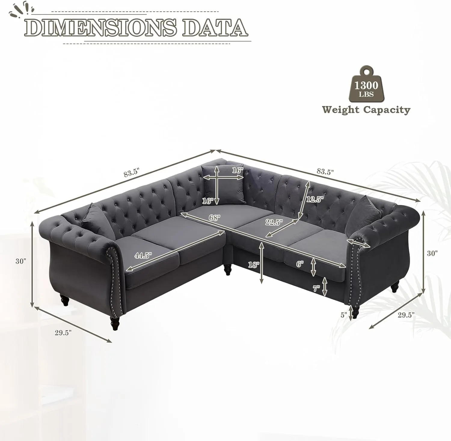 83.5" L Shaped Sofa Couch,Velvet Sectional Chesterfield Sofa,Button Tufted 5 Seat Corner Sofa,Mid Century Modern Couch with Rolled Arms&Nailhead for Livingroom,Bedroom,Apartment,Office(Grey)