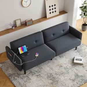 83" Futon Sofa Bed, Convertible Sleeper Couch Bed with 3 Level Adjustable Backrest, Type-C Charging Port, Storage Pocket, Black Sleeper Sofa Bed for Living Room, Guest Room, Apartment, Office