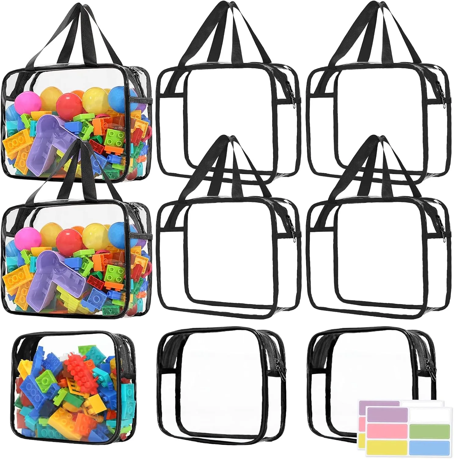 9 Pcs Toy Storage Bags, Clear PVC Toy Organizer Bag Include 6Pcs Large Handheld and 3Pcs Medium Zipper Bags with Labels for Organizing Board Game, Building Blocks (Black)