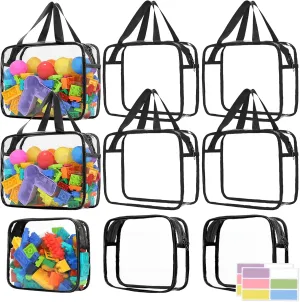 9 Pcs Toy Storage Bags, Clear PVC Toy Organizer Bag Include 6Pcs Large Handheld and 3Pcs Medium Zipper Bags with Labels for Organizing Board Game, Building Blocks (Black)