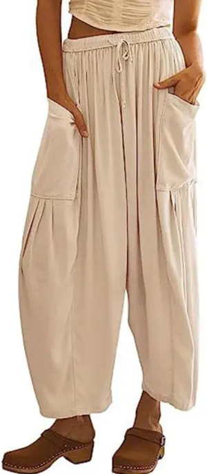 ABAFIP Women's Linen Palazzo Pants Summer Drawstring High Waisted Wide Leg Baggy Harem Pants with Pockets