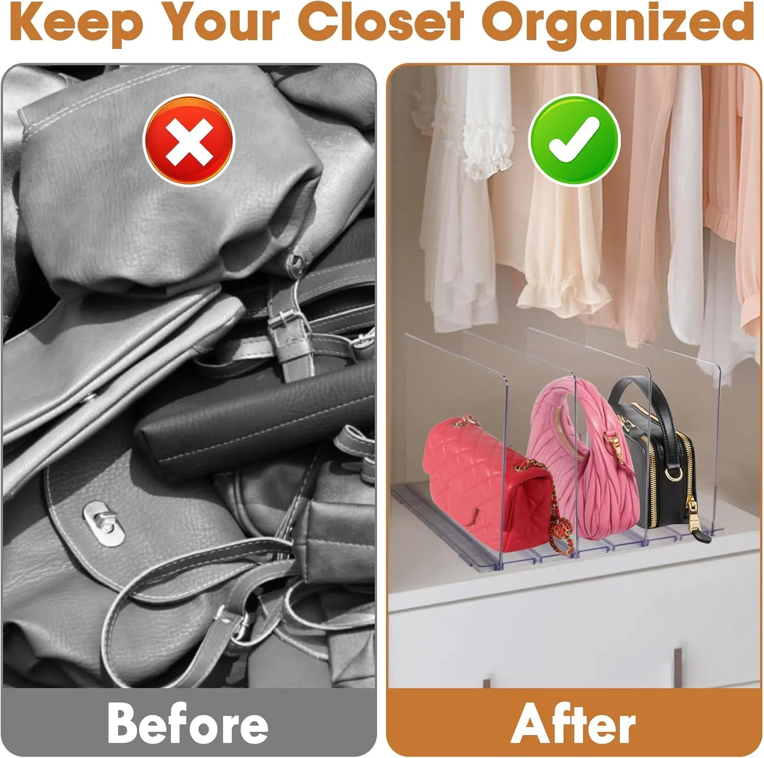 Acrylic Purse Organizer, Purse Storage Rack for Closet Organization, Clear Shelf Divider, Adjustable Clutch Bag Organizer Handbag Dividers Rack, Detachable Separators for Bedroom Bathroom Office
