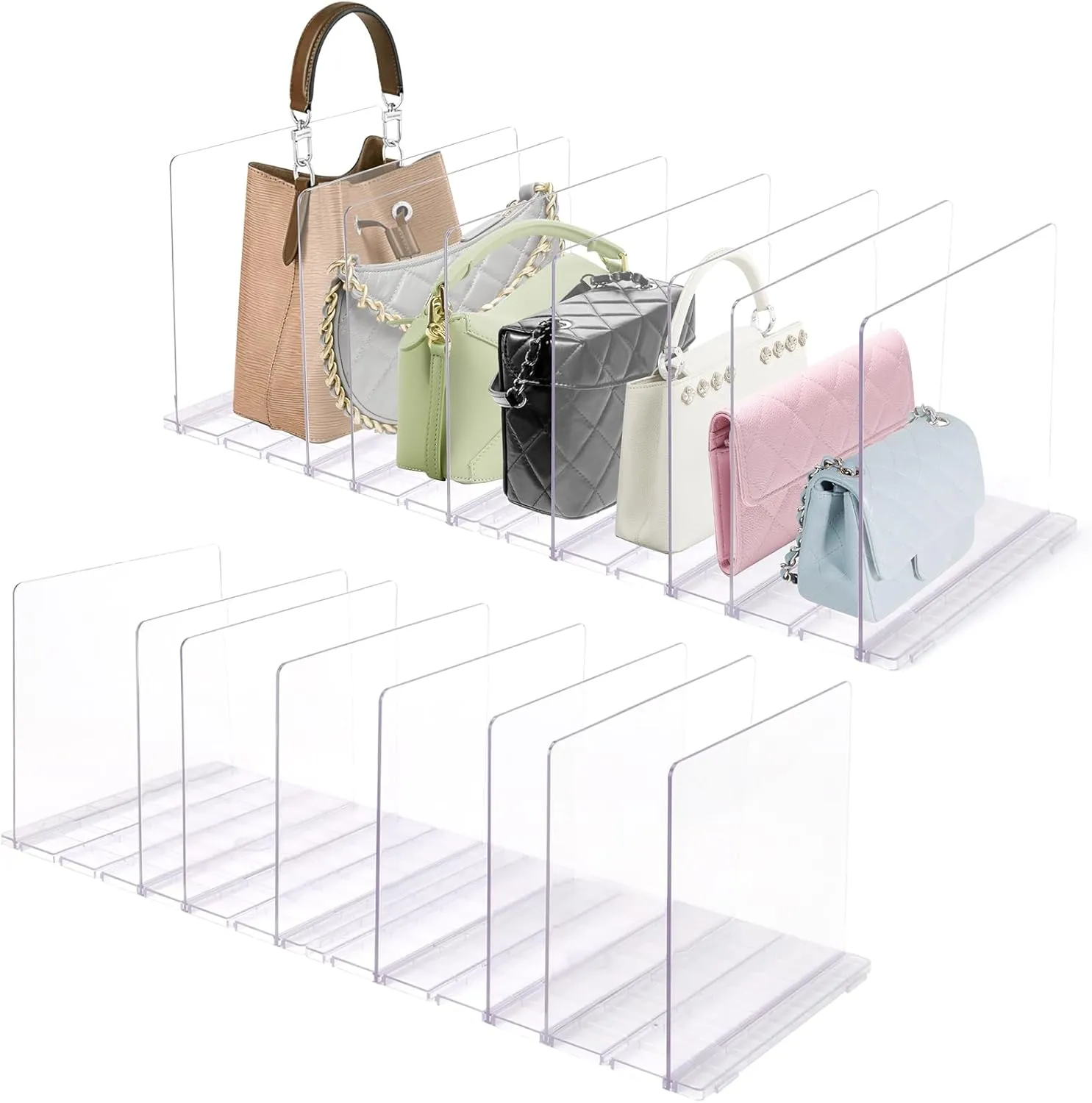 Acrylic Purse Organizer, Purse Storage Rack for Closet Organization, Clear Shelf Divider, Adjustable Clutch Bag Organizer Handbag Dividers Rack, Detachable Separators for Bedroom Bathroom Office