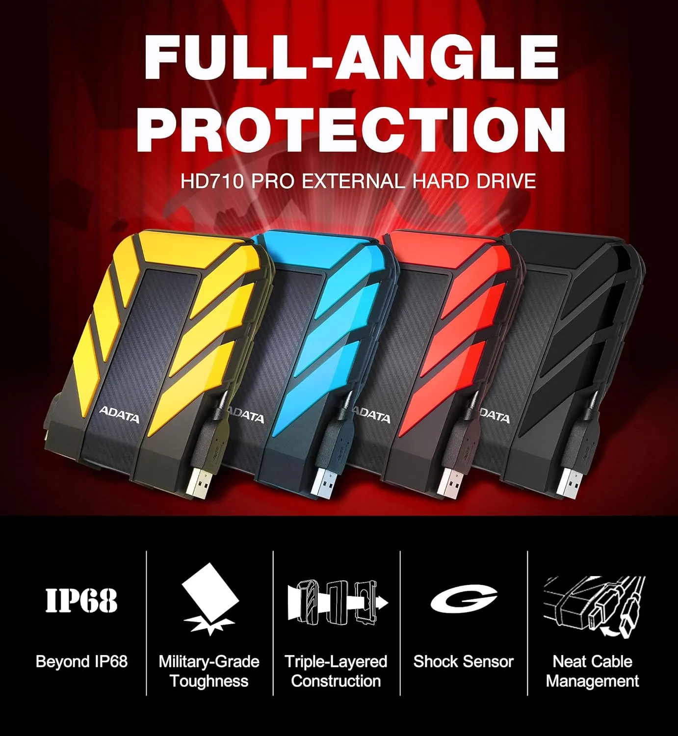 ADATA HD710 Pro 4TB USB 3.1 IP68 Waterproof/Shockproof/Dustproof Ruggedized External Hard Drive, Black (AHD710P-4TU31-CBK)