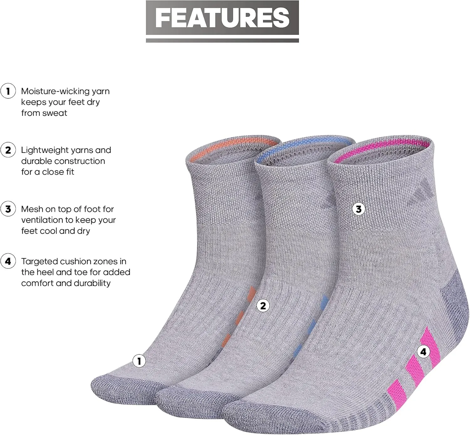adidas Women's Cushioned Quarter Socks (3-pair) With Arch Compression