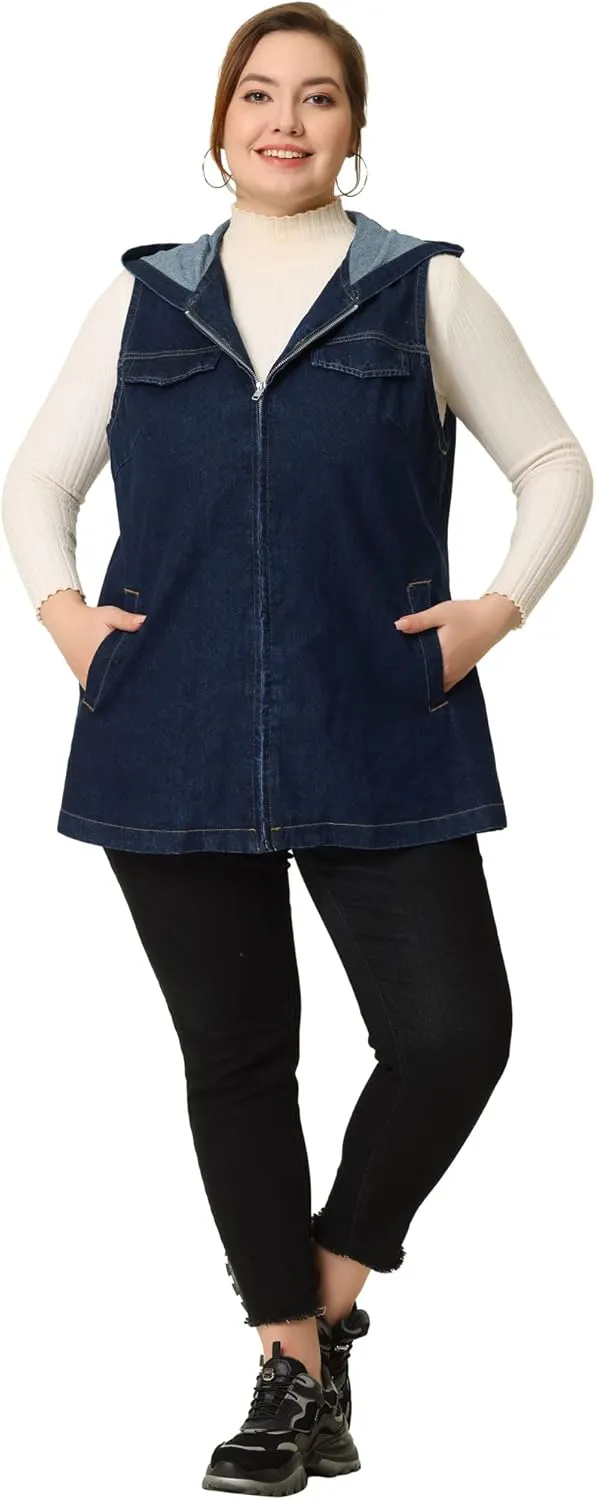 Agnes Orinda Plus Size Denim Vest for Women Sleeveless Lightweight Hoodie Utility 2023 Denim Jacket Vests