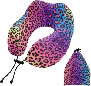 ALAZA Neon Rainbow Leopard Cheetah Neck Pillow Travel for Sleeping Airplane Travel Kit with Snap Clip & Storage Bag