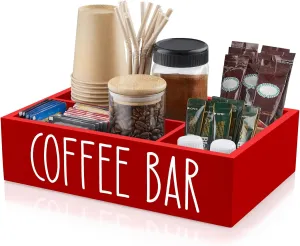 ALELION Red Coffee Station Organizer with Removable Dividers - Coffee Pod Holder Storage Basket for K Cup Sugar Tea - Red Coffee Bar Kitchen Decor Accessories Organizer for Countertop