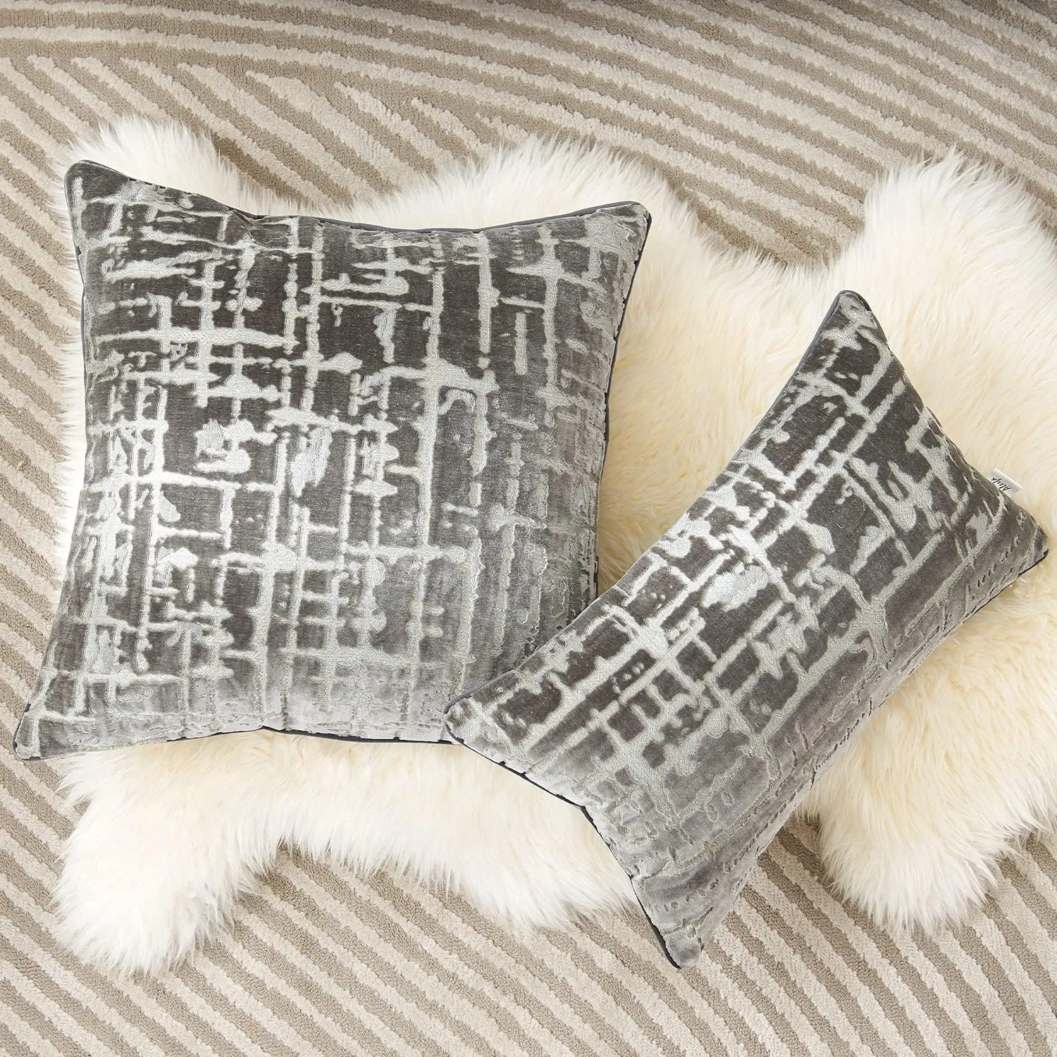 Alerfa Square Geometrical Plaid Striped Cut Velvet Throw Pillow Cover 18x18 Inch Luxury Modern Decorative Accent Pillow Cover for Couch Living Room Bedroom, Gray