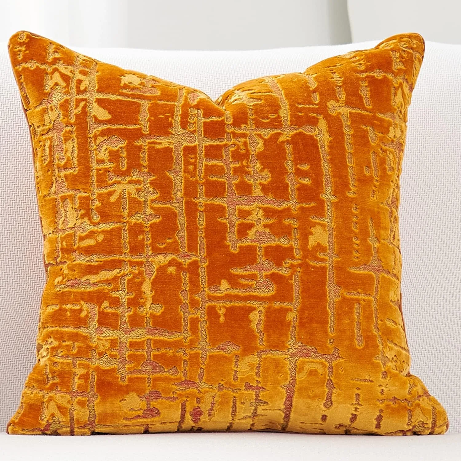 Alerfa Square Geometrical Plaid Striped Cut Velvet Throw Pillow Cover 18x18 Inch Luxury Modern Decorative Accent Pillow Cover for Couch Living Room Bedroom, Orange
