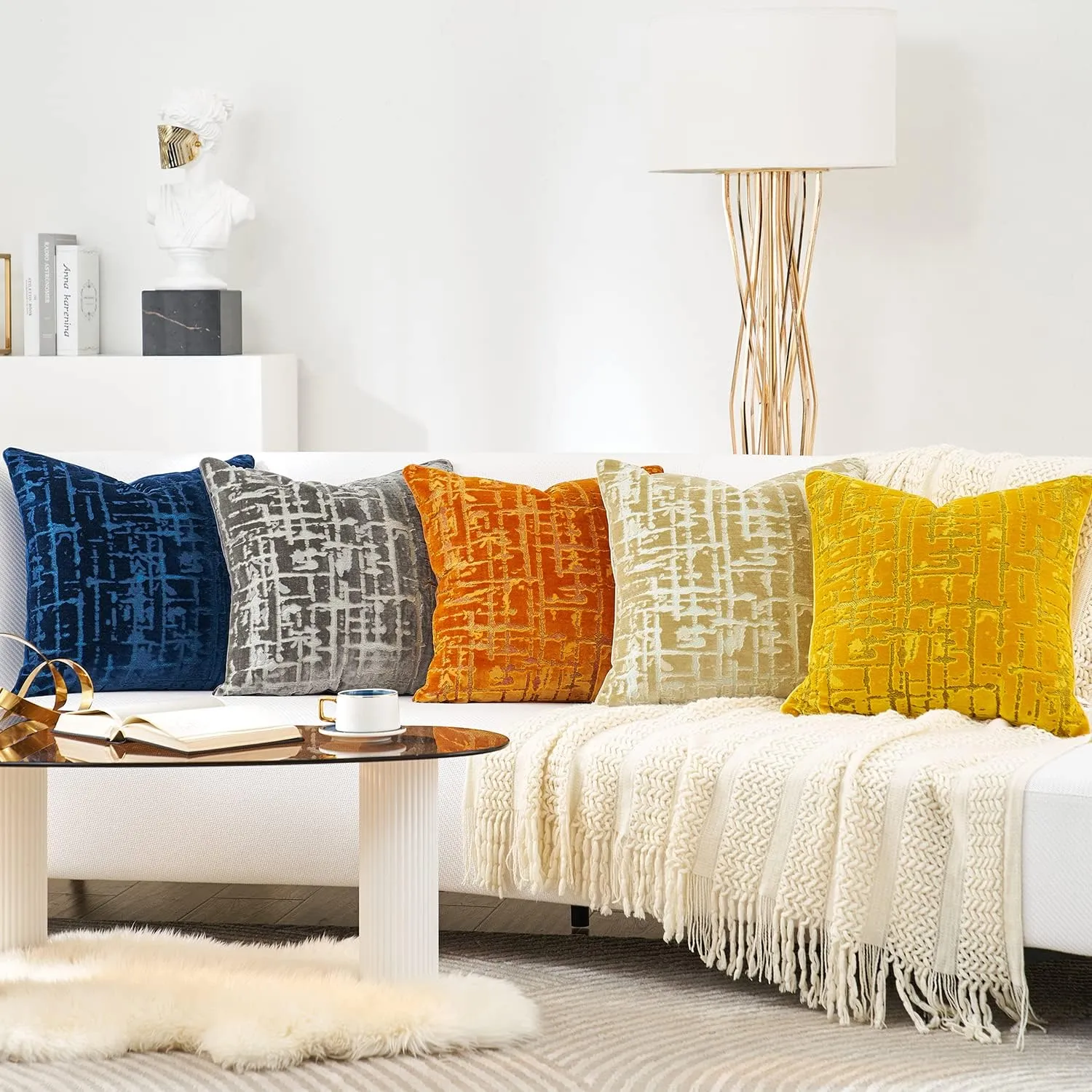 Alerfa Square Geometrical Plaid Striped Cut Velvet Throw Pillow Cover 18x18 Inch Luxury Modern Decorative Accent Pillow Cover for Couch Living Room Bedroom, Orange