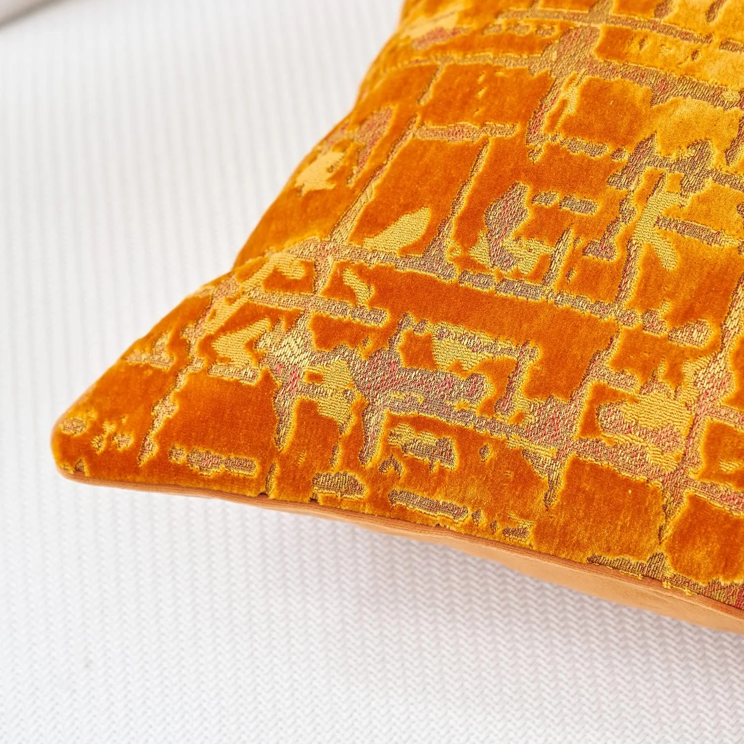 Alerfa Square Geometrical Plaid Striped Cut Velvet Throw Pillow Cover 18x18 Inch Luxury Modern Decorative Accent Pillow Cover for Couch Living Room Bedroom, Orange