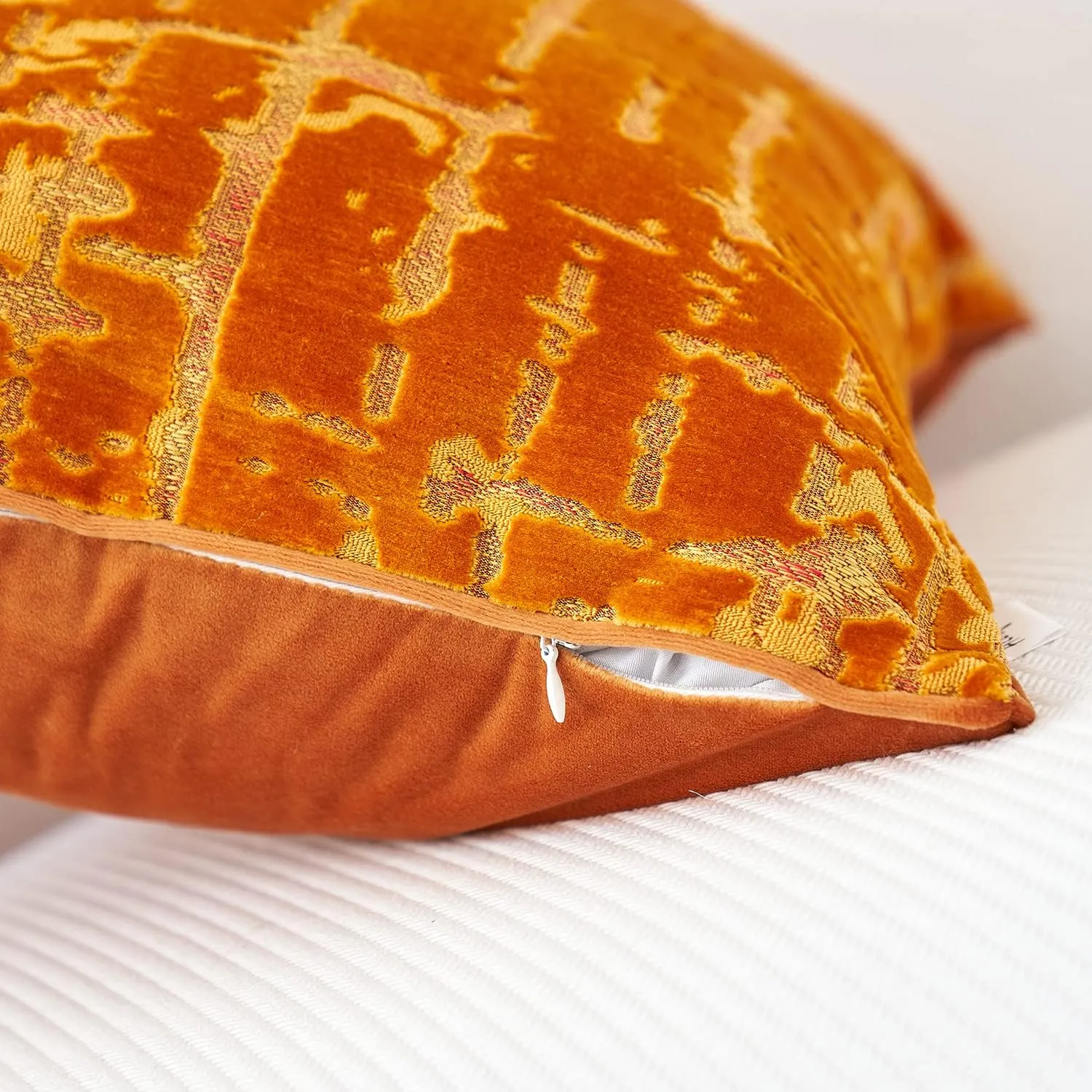 Alerfa Square Geometrical Plaid Striped Cut Velvet Throw Pillow Cover 18x18 Inch Luxury Modern Decorative Accent Pillow Cover for Couch Living Room Bedroom, Orange