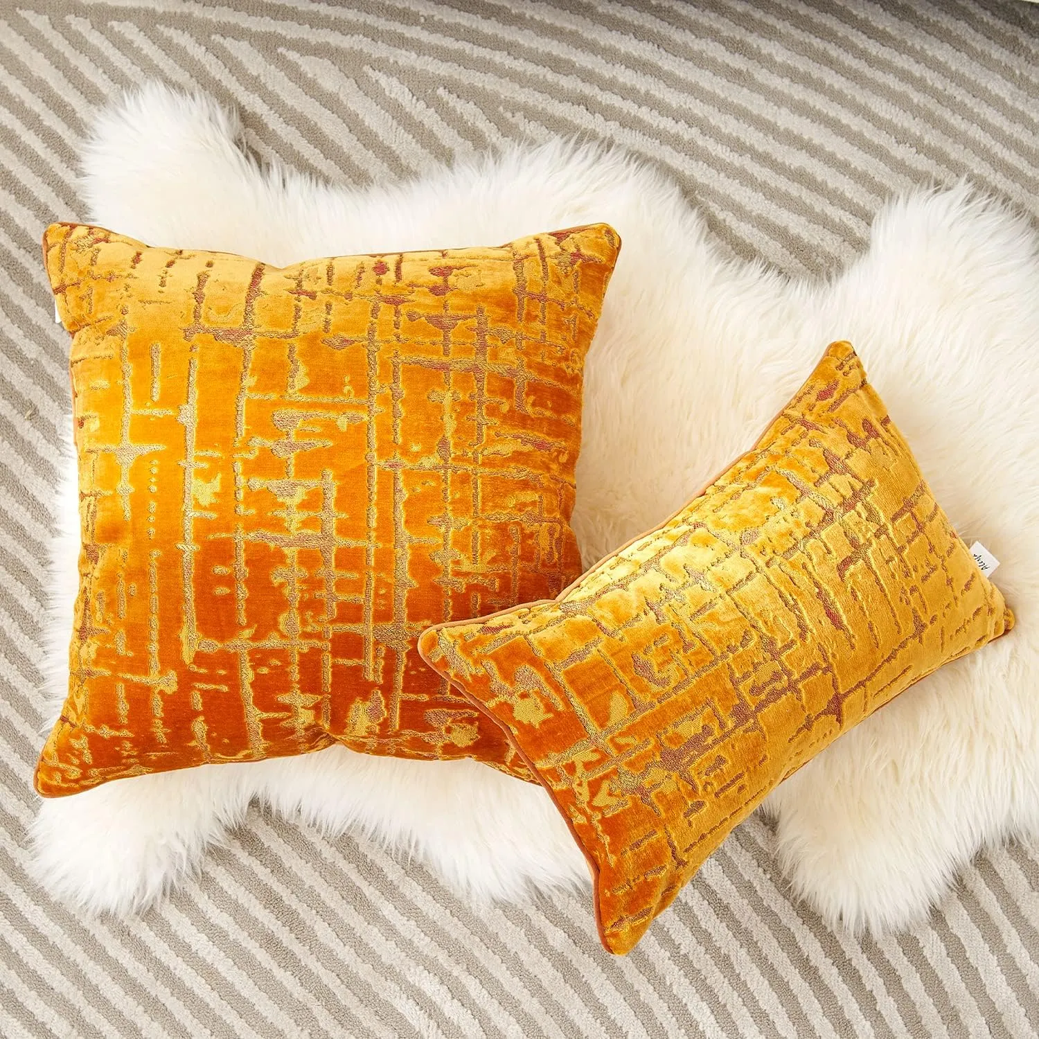 Alerfa Square Geometrical Plaid Striped Cut Velvet Throw Pillow Cover 18x18 Inch Luxury Modern Decorative Accent Pillow Cover for Couch Living Room Bedroom, Orange