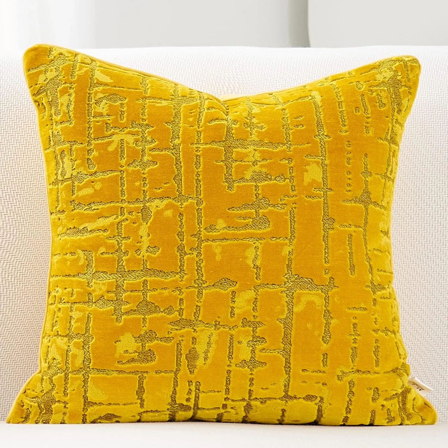 Alerfa Square Geometrical Plaid Striped Cut Velvet Throw Pillow Cover 18x18 Inch Luxury Modern Decorative Accent Pillow Cover for Couch Living Room Bedroom, Yellow