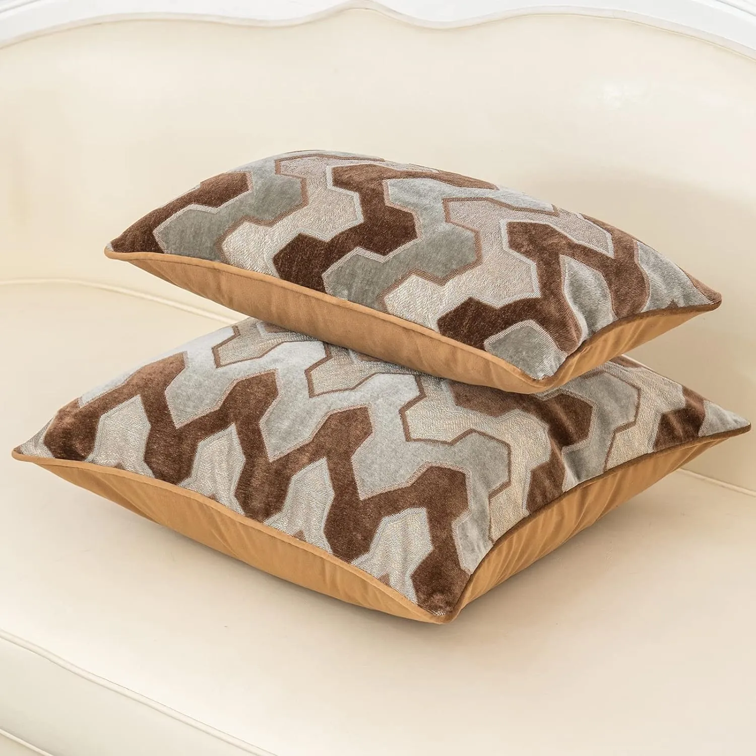 Alerfa Square Pillow Geometric Stripes Embroidery Cut Velvet Cushion Case Luxury Modern Throw Pillow Cover Decorative Pillow for Couch Sofa Living Room Bedroom Car 20 x 20 Inch Brown Gray