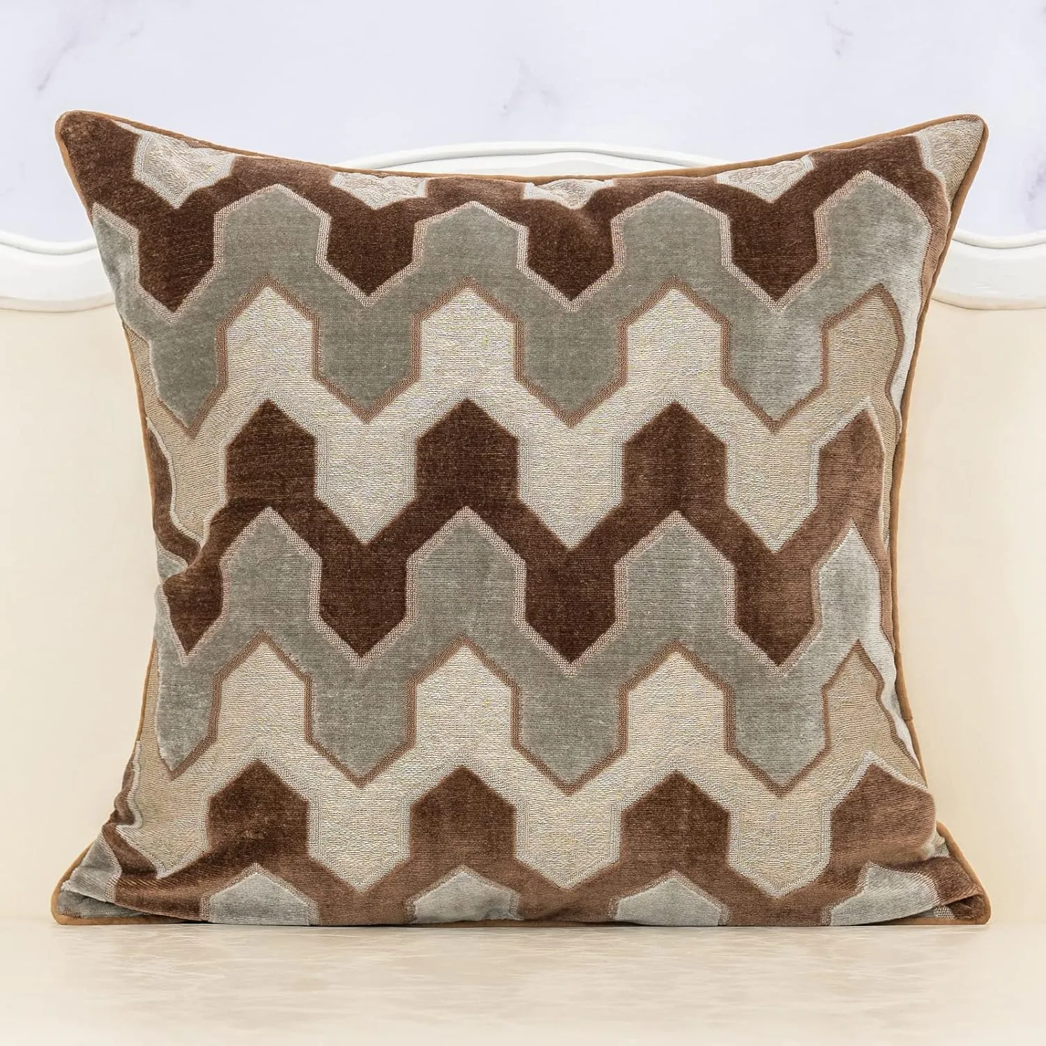 Alerfa Square Pillow Geometric Stripes Embroidery Cut Velvet Cushion Case Luxury Modern Throw Pillow Cover Decorative Pillow for Couch Sofa Living Room Bedroom Car 20 x 20 Inch Brown Gray