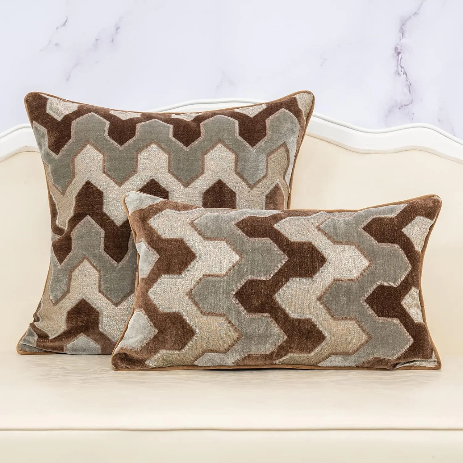 Alerfa Square Pillow Geometric Stripes Embroidery Cut Velvet Cushion Case Luxury Modern Throw Pillow Cover Decorative Pillow for Couch Sofa Living Room Bedroom Car 20 x 20 Inch Brown Gray