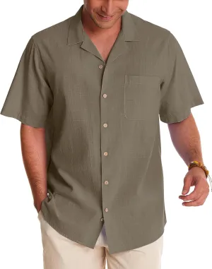 Alimens & Gentle Mens Linen Shirts Short Sleeve Button Down Shirts Cotton Summer Beach Cuban Shirts Vacation Hawaiian Shirts