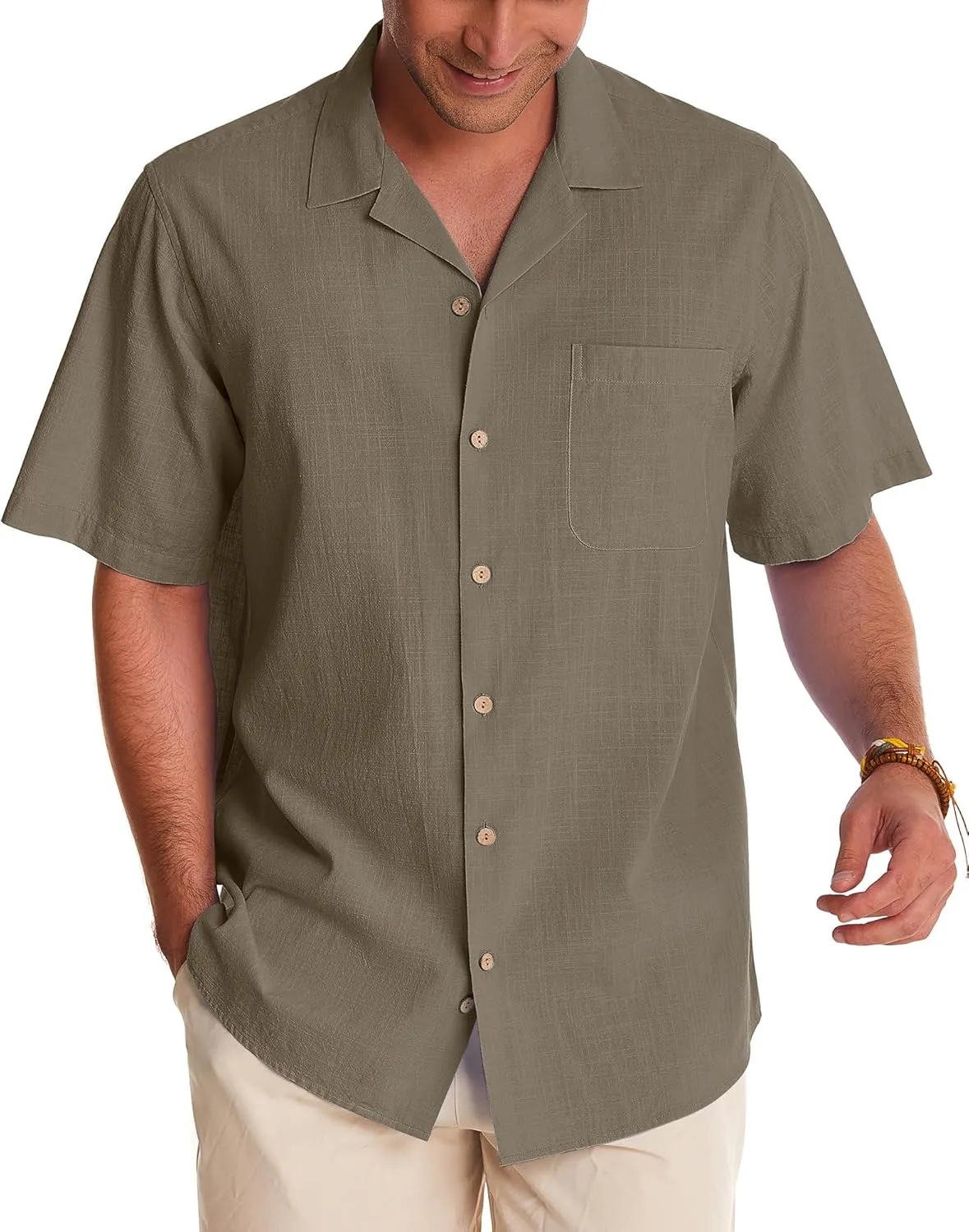 Alimens & Gentle Mens Linen Shirts Short Sleeve Button Down Shirts Cotton Summer Beach Cuban Shirts Vacation Hawaiian Shirts