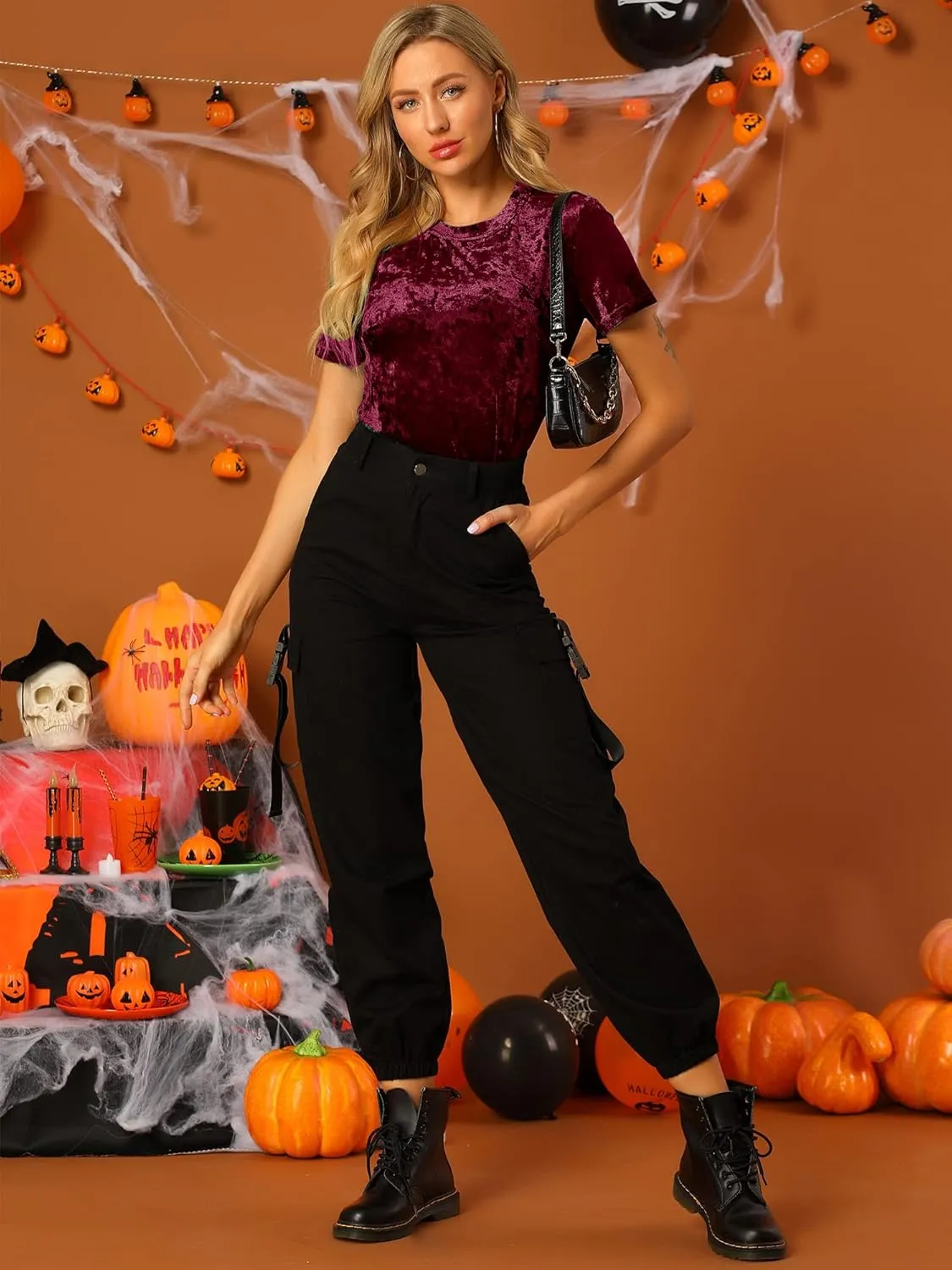 Allegra K Women's Christmas Velvet Top Crew Neck Short Sleeve Casual T-Shirt