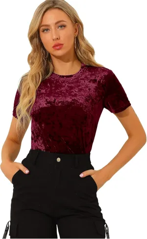Allegra K Women's Christmas Velvet Top Crew Neck Short Sleeve Casual T-Shirt