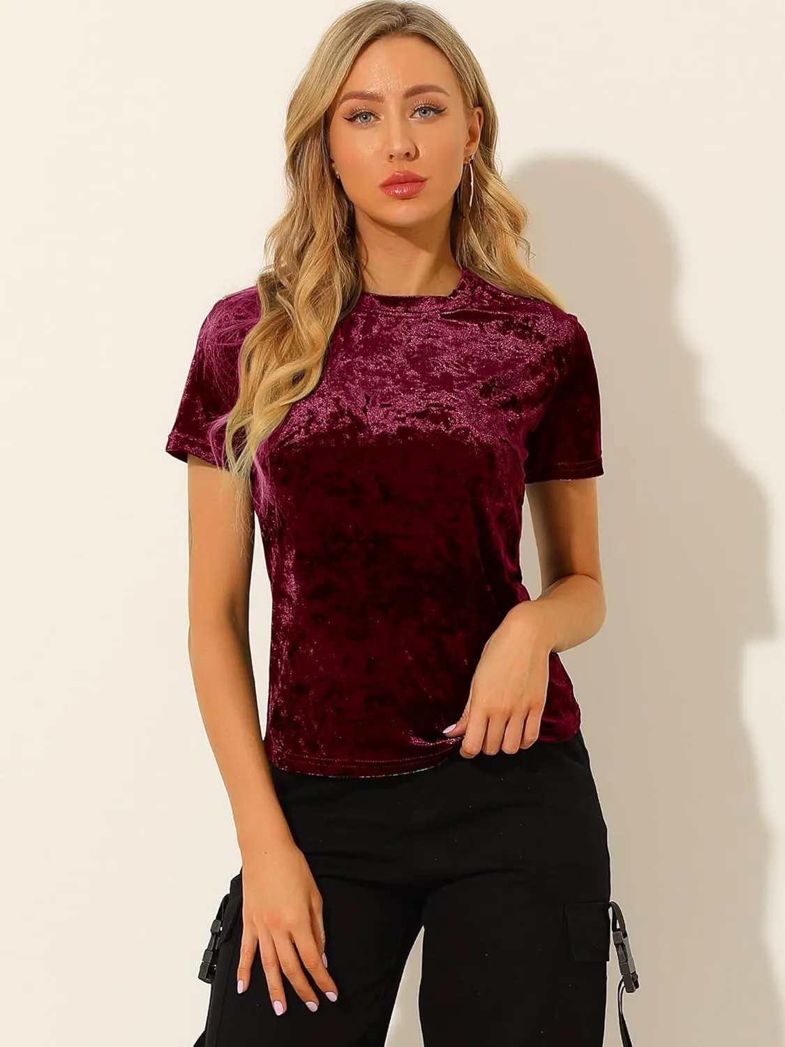 Allegra K Women's Christmas Velvet Top Crew Neck Short Sleeve Casual T-Shirt