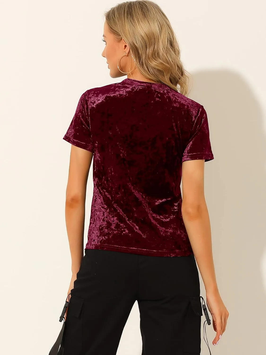 Allegra K Women's Christmas Velvet Top Crew Neck Short Sleeve Casual T-Shirt