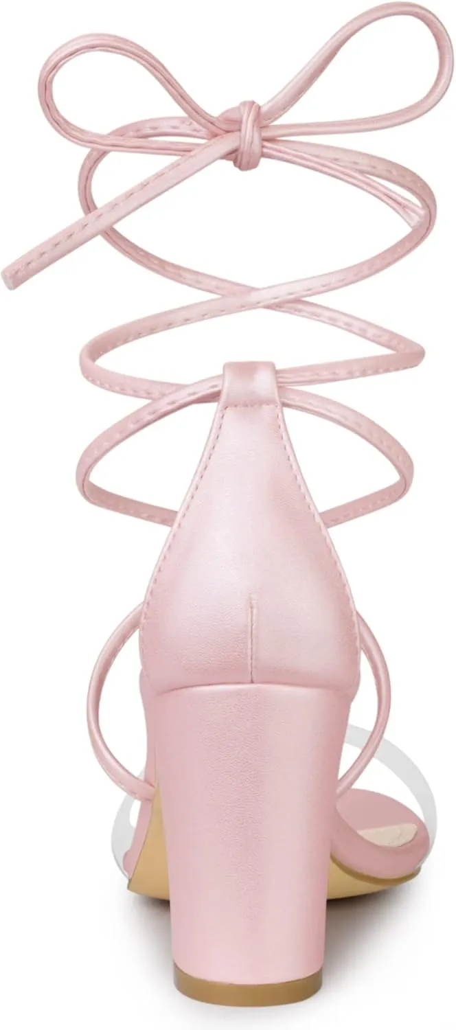 Allegra K Women's Clear Strap Block Heels Lace Up Heels Sandals