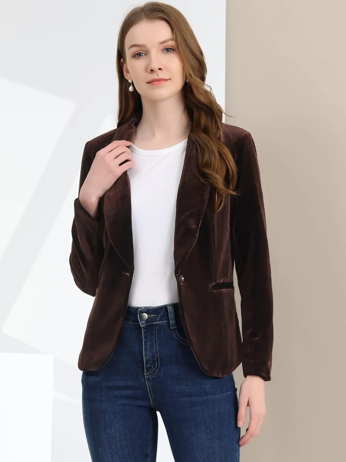 Allegra K Women's Halloween Christmas Office Coat Solid Shawl Collar 1 Button Velvet Blazer