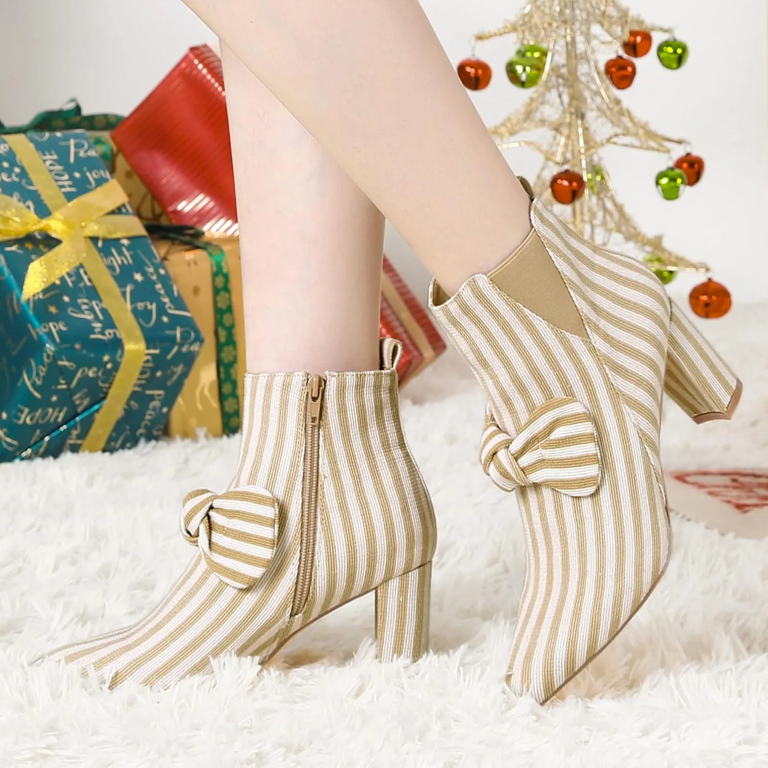 Allegra K Women's Pointed Toe Zip Striped Chunky Heels Ankle Boots