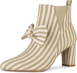 Allegra K Women's Pointed Toe Zip Striped Chunky Heels Ankle Boots