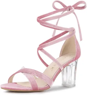 Allegra K Women's Velvet Lace Up Clear Heels Block Heel Sandals