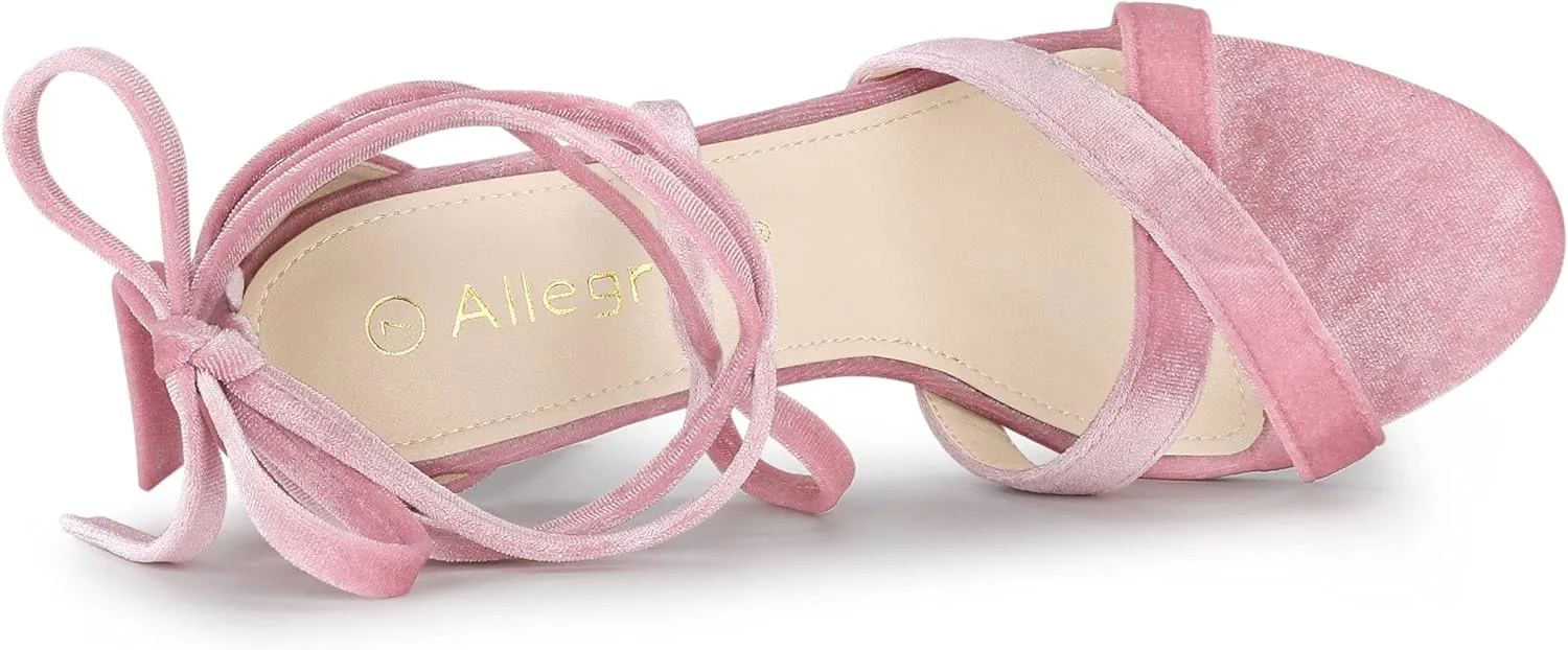 Allegra K Women's Velvet Lace Up Clear Heels Block Heel Sandals