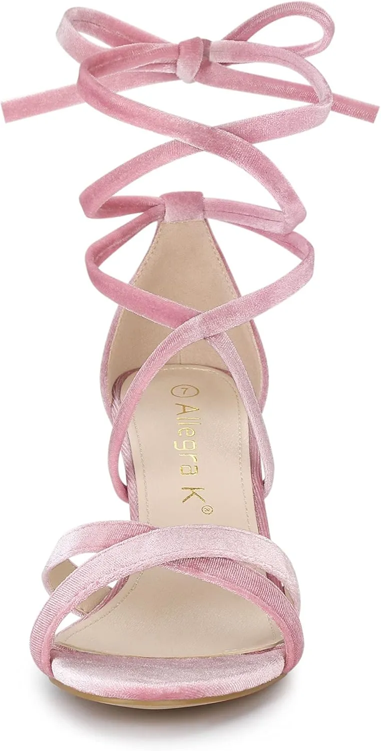 Allegra K Women's Velvet Lace Up Clear Heels Block Heel Sandals