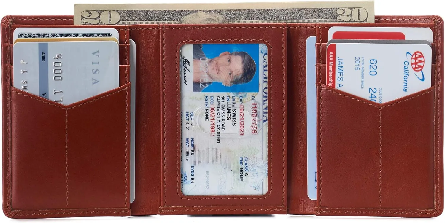 Alpine Swiss Men's Leon RFID Trifold Pocket Wallet – Genuine Leather Wallet for Men, Slim Design with ID Window & Multiple Card Slots, Classic RFID Safe Pocket Wallet in gift box