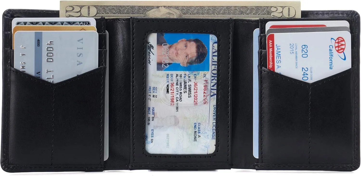 Alpine Swiss Men's Leon RFID Trifold Pocket Wallet – Genuine Leather Wallet for Men, Slim Design with ID Window & Multiple Card Slots, Classic RFID Safe Pocket Wallet in gift box