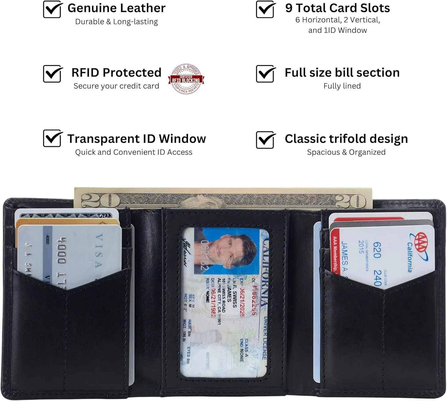 Alpine Swiss Men's Leon RFID Trifold Pocket Wallet – Genuine Leather Wallet for Men, Slim Design with ID Window & Multiple Card Slots, Classic RFID Safe Pocket Wallet in gift box