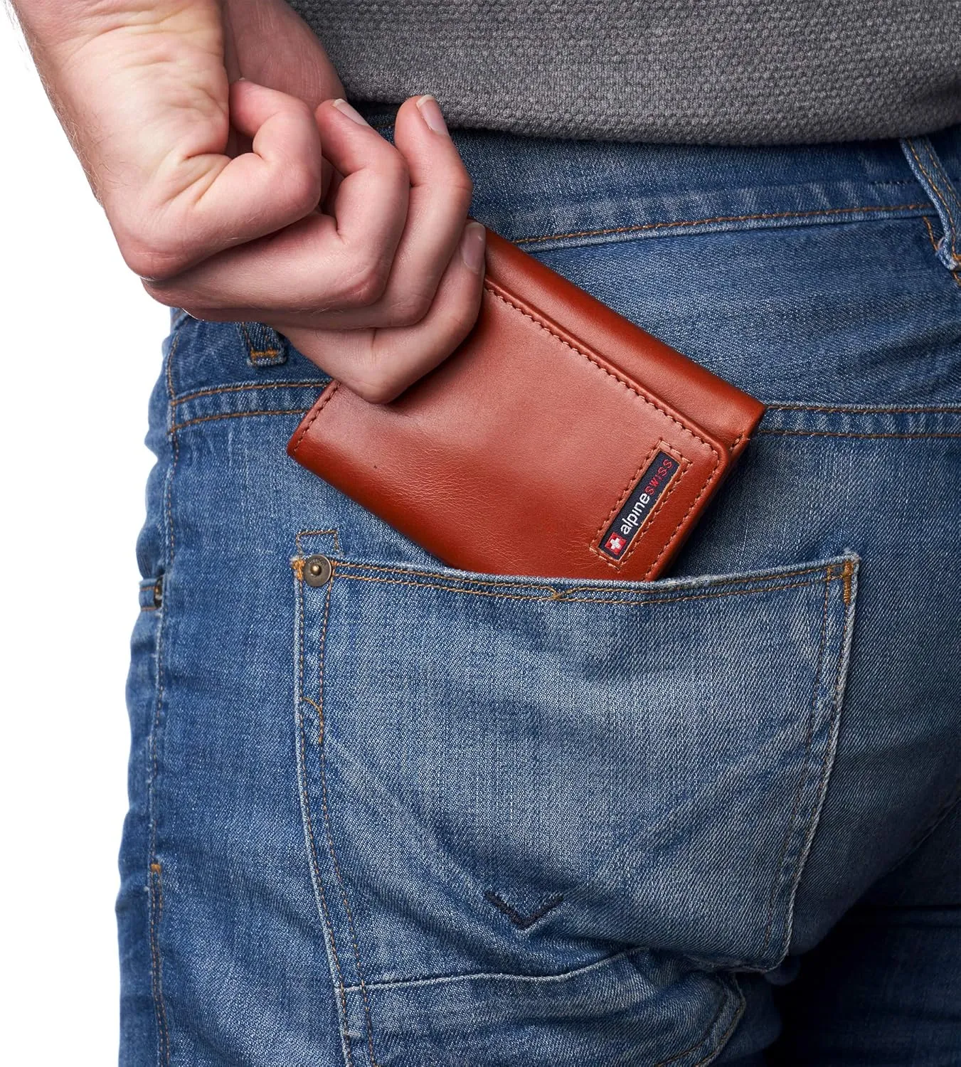 Alpine Swiss Men's Leon RFID Trifold Pocket Wallet – Genuine Leather Wallet for Men, Slim Design with ID Window & Multiple Card Slots, Classic RFID Safe Pocket Wallet in gift box