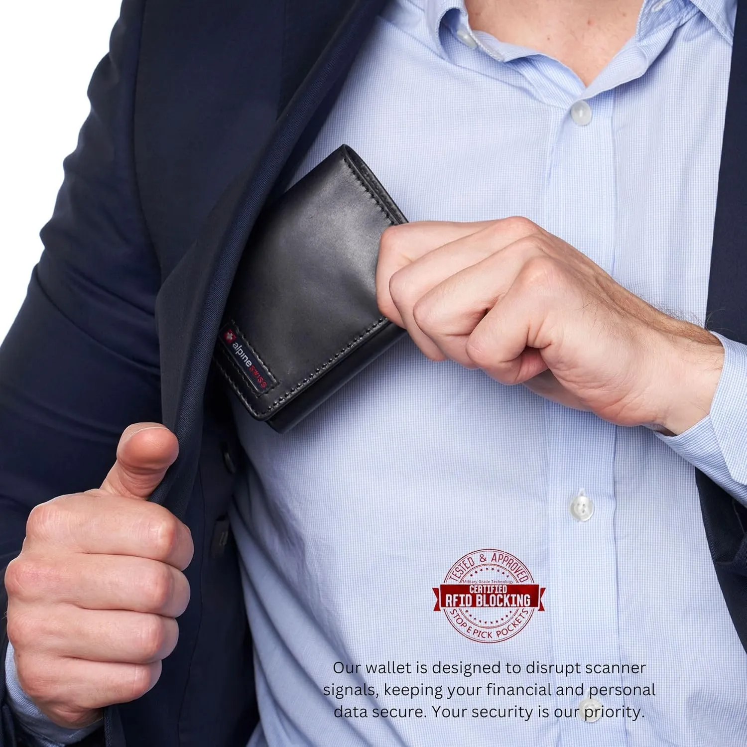 Alpine Swiss Men's Leon RFID Trifold Pocket Wallet – Genuine Leather Wallet for Men, Slim Design with ID Window & Multiple Card Slots, Classic RFID Safe Pocket Wallet in gift box