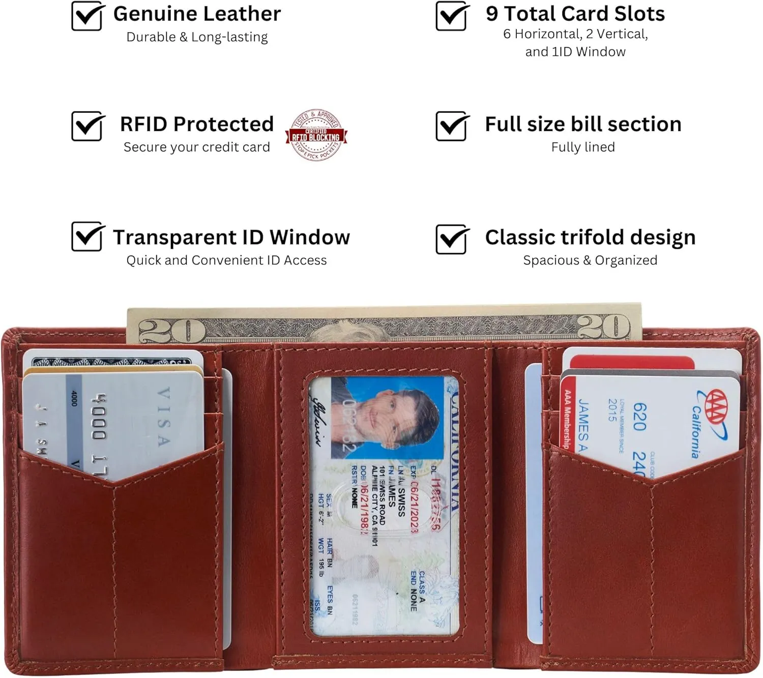 Alpine Swiss Men's Leon RFID Trifold Pocket Wallet – Genuine Leather Wallet for Men, Slim Design with ID Window & Multiple Card Slots, Classic RFID Safe Pocket Wallet in gift box