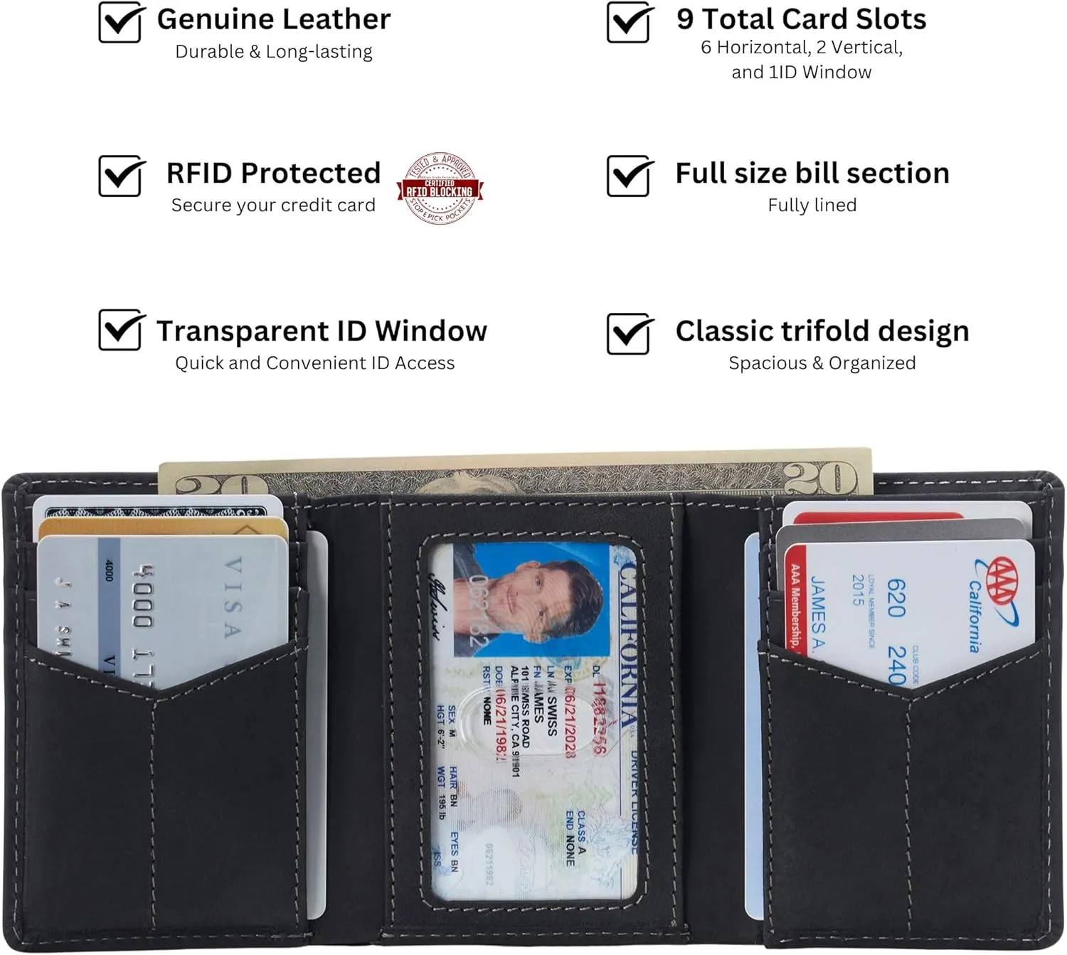 Alpine Swiss Men's Leon RFID Trifold Pocket Wallet – Genuine Leather Wallet for Men, Slim Design with ID Window & Multiple Card Slots, Classic RFID Safe Pocket Wallet in gift box