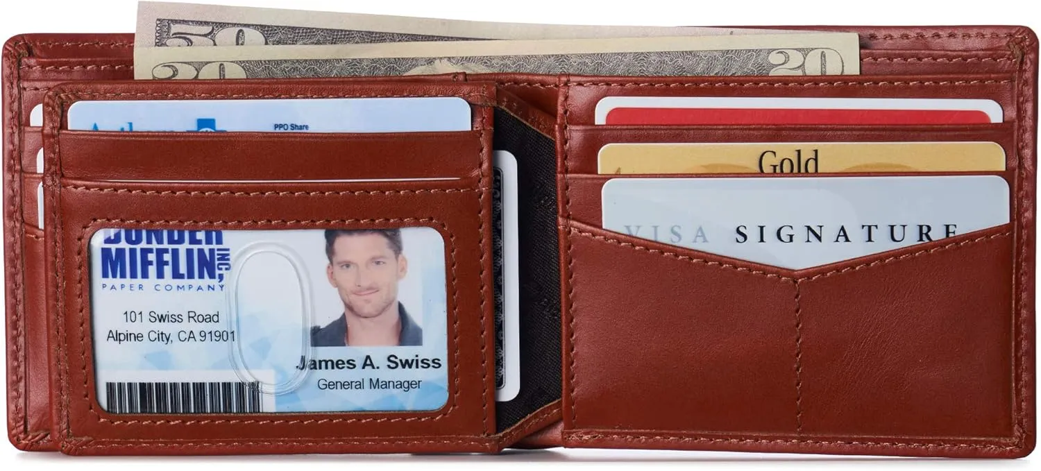 Alpine Swiss Mens Nolan Bifold Commuter Wallet Cowhide Leather RFID Safe Comes in a Gift Box
