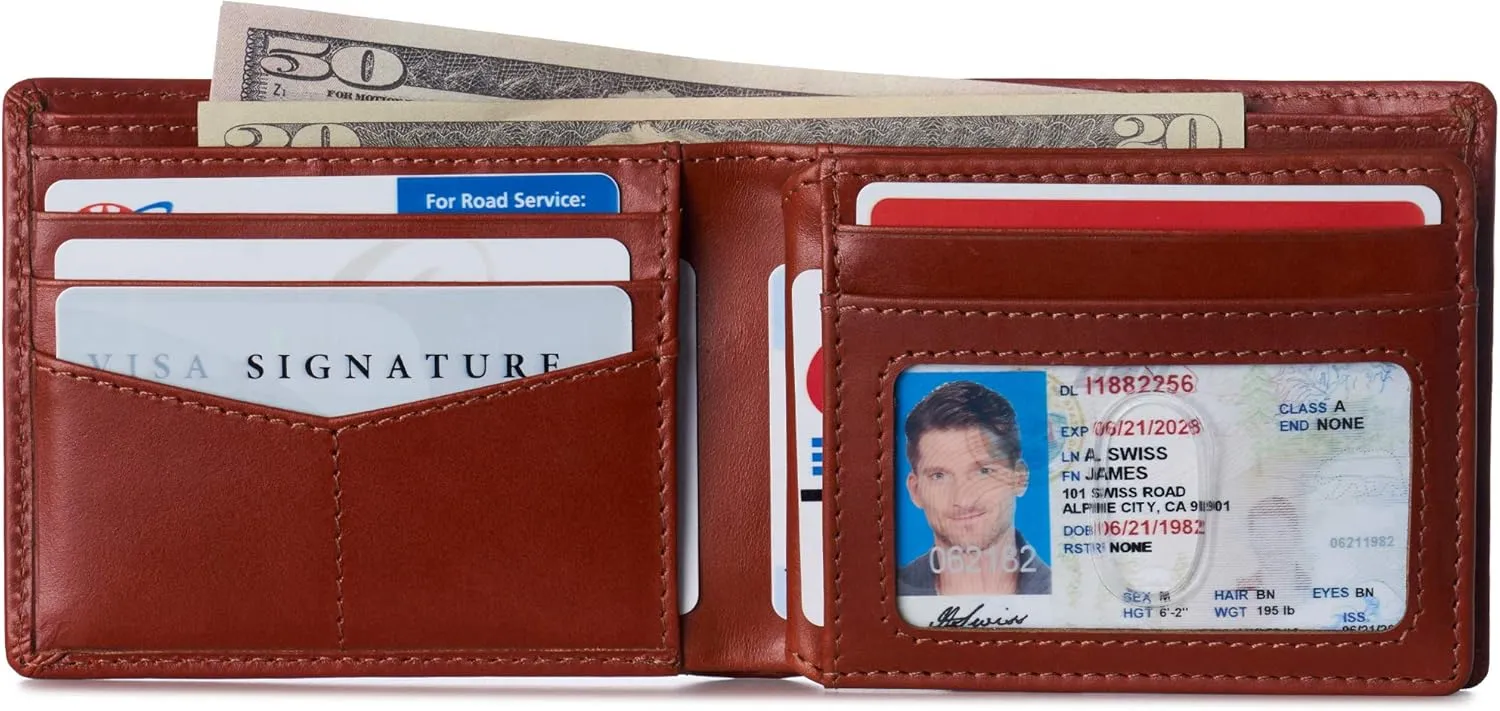 Alpine Swiss Mens Nolan Bifold Commuter Wallet Cowhide Leather RFID Safe Comes in a Gift Box