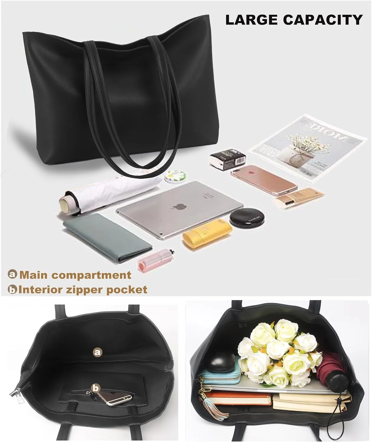 ALUWU Tote Bag for Women with Zipper Faux Leather Shoulder Handbags Work Purses