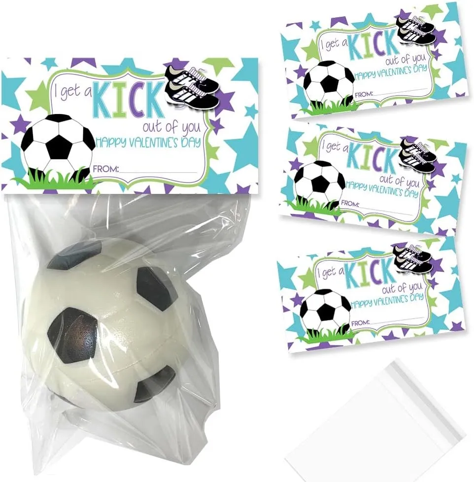 Amanda Creation Pastel I Get A Kick Out Of You Soccer Girl Themed Happy Valentine's Day Bag Toppers for Party Favor Treat Bags, Set of 20 Bag Toppers With 20 Self-Adhesive Bags Also Included
