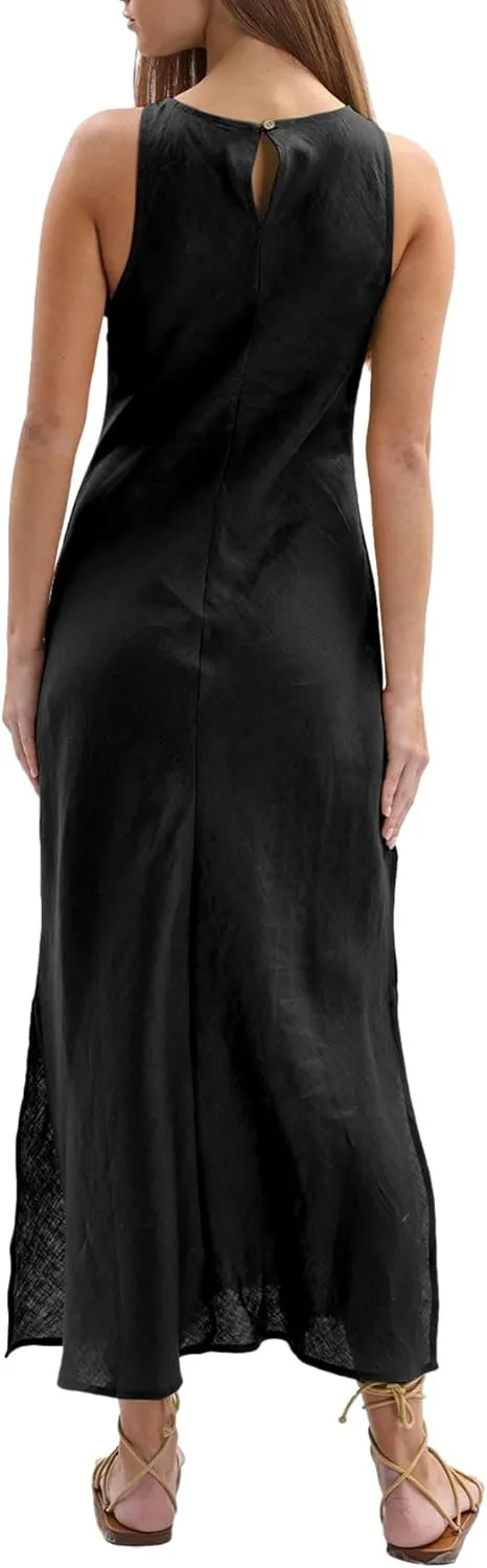 Amazhiyu Women's 100% Linen Summer Sleevelesss Splits Bodycon Maxi Dresses Casual